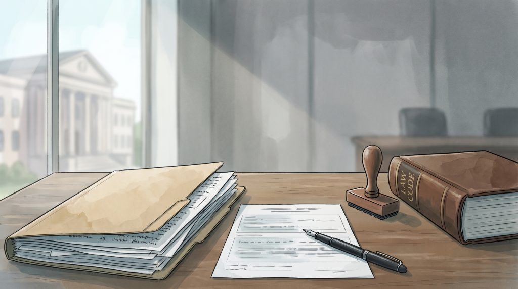 Стол с папкой документов, бланком заявления и печатью — подготовка жалобы на решение призывной комиссии